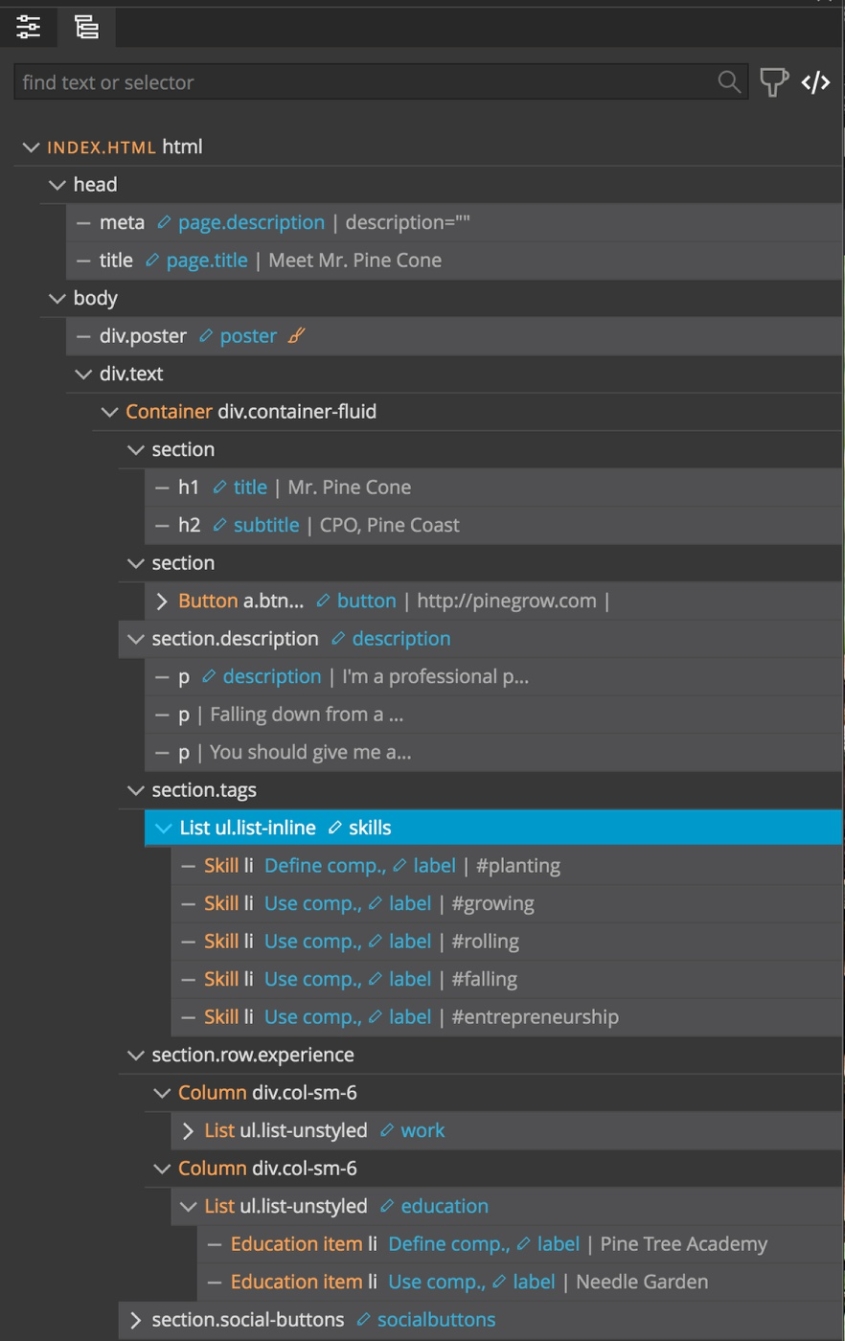 The Pinegrow Tree Panel only shows editable elements in CMS mode