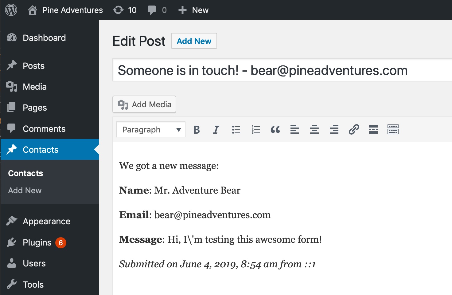 Viewing form submissions in WordPress dashboard.